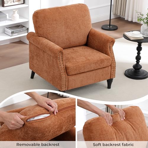 Accent Chair for Living Room, Modern Mid Century Reading Chair Armchair High Back Upholstered Armchair with Wooden Legs for Living Room Bedroom Office (Orange, 1pcs)