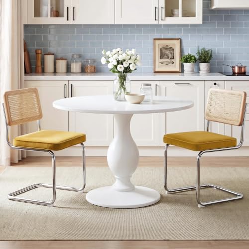 Zesthouse Natural Rattan Dining Chairs Set of 2, Modern Dining Room Chairs with Solid Wood Back for Kitchen Living Room, Mid Century Breuer Design Inspired, Upholstered Velvet Fabric, Yellow