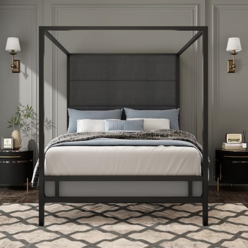 Merax King Canopy Bed Frame with Tall Linen Headboard, Metal 4 Poster Bed
