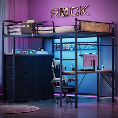 Twin Loft Bed with Desk and 8 Storage Drawers, Metal Loft Bed Twin Size with LED Lights & Charging Station, Bed Frame with Hanging Rod, Safety Guardrail & Ladder, for Kids & Teens (Rustic Brown)