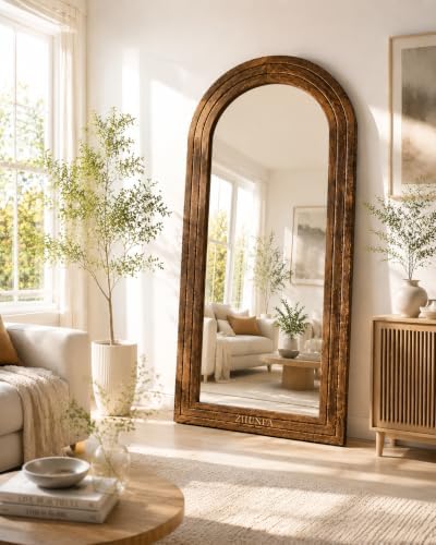 ZHUNFA Arched Full Length Mirror with Solid Wood Frame, 65x22, Brown
