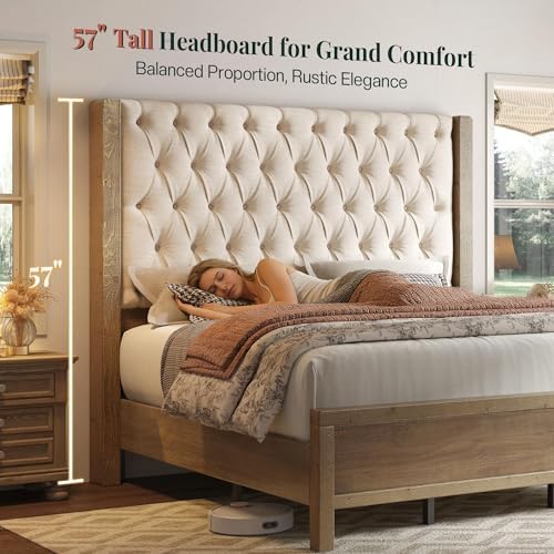 Jocisland Queen Size Solid Wood Bed Frame,57" Wingback Headboard,Gray Wash
