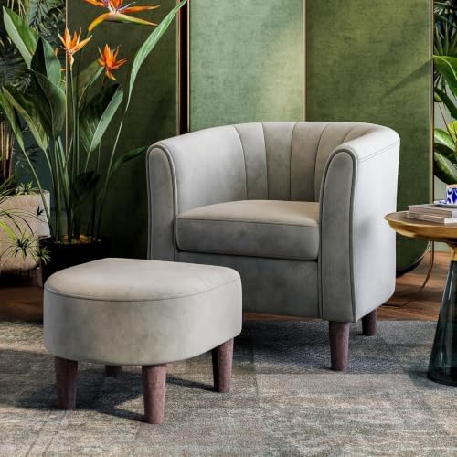 LINSY Accent Chair with Ottoman, Modern Barrel Chair Small Armchair Reading Chair with Footrest, Comfy Round Arms Chair for Living Room Bedroom Reading Room, Velvet(Grey)
