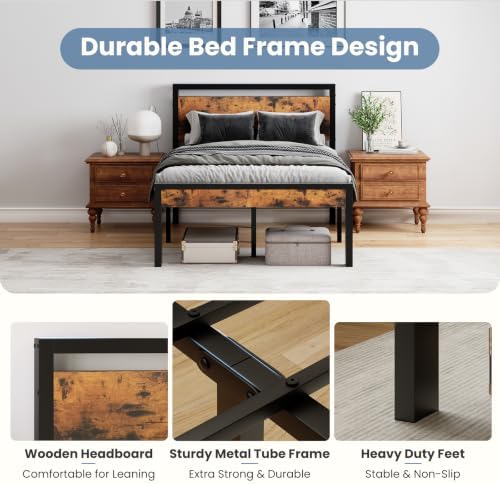 Sweetcrispy Full 14 Inch Bed Frame with Wood Headboard, Rustic Brown