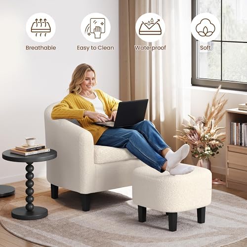 Yaheetech Accent Chairs with Ottoman Set of 2, Boucle Fabric, Ivory