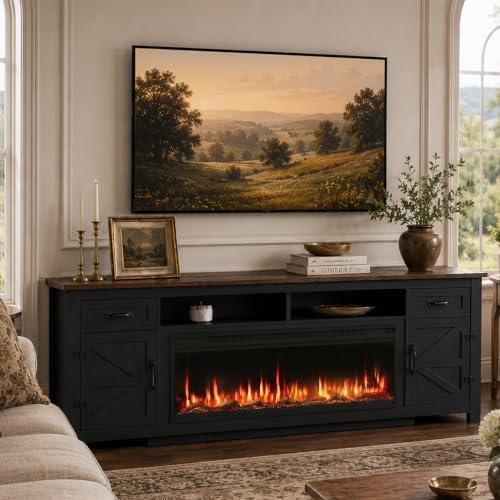 Fireplace TV Stand with Barn Door, 95 inch, Modern Black