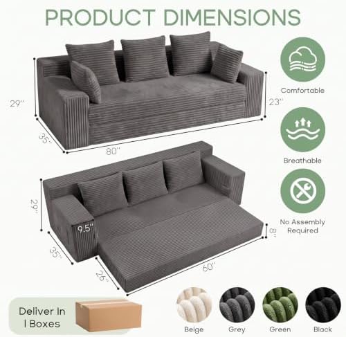 Boneless Couch for Living Room, 3 Seater Convertible Sofa Bed in Box, Grey
