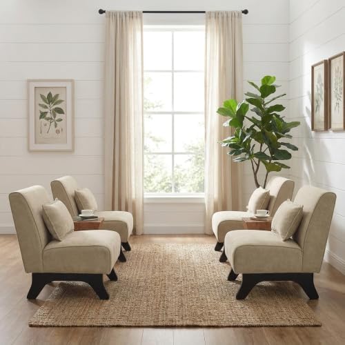 Upholstered Armless Accent Chair Set of 4,Modern Comfy Living Room Chairs with Wooden Legs& Pillows,Lounge Sofa Side Chair for Bedroom Farmhouse Reading (4 PCS, Brown)