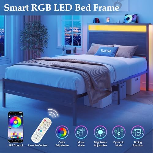 Fluest Twin Bed Frame with Headboard & Footboard, Twin Bed Frame with Charging Station & LED Light, Under-Bed-Storage, No Box Spring Needed, Noise Free, Easy Assembly, Rustic Grey