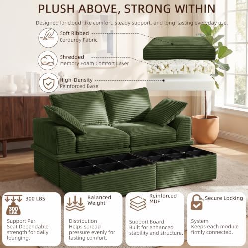Boneless Sectional Couch with Storage, Upgraded Modular Sofa with Ottoman, Deep Seat Sleep Sofa for Living Room, 4 Seat Memory Foam Modern Corduroy Cloud Sofa with 2 Pillows,No Assembly (71"-Green)