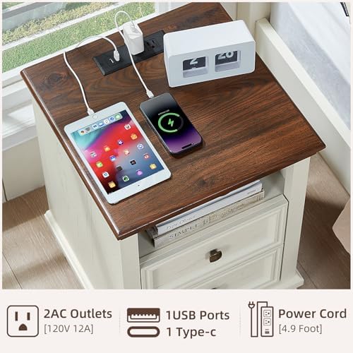SAVOR LIFE Farmhouse Nightstand Set of 2 with Charging Station, White
