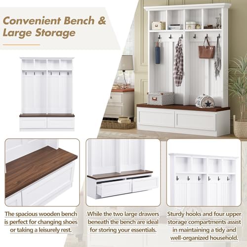 Merax Wood Hall Tree Entryway Bench with 6 Hooks, Farmhouse Mudroom Versatile Coat Racks with 2 Large Drawers Entrance Organizer for Hallway White