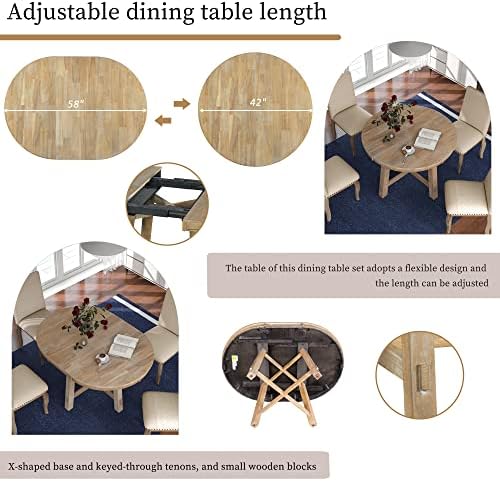 LUMISOL Round Dining Table Set for 4, Farmhouse Kitchen Table Set with Round Extendable Dining Table and 4 Upholstered Dining Chairs, Natural Wood Wash