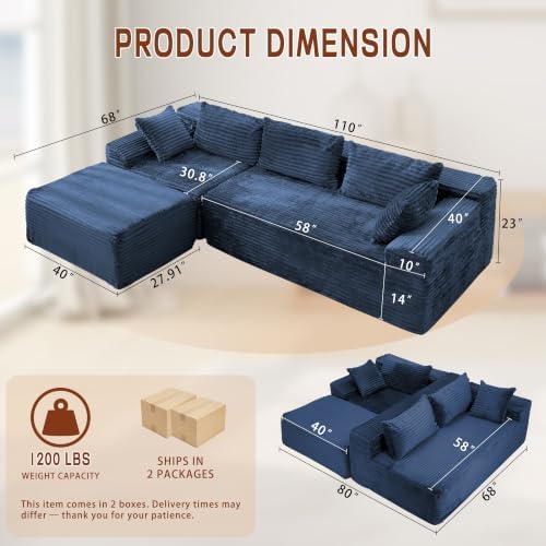 Korser 110" L-Shaped Modular Sectional Sofa with Chaise, Boneless Comfy Corduroy Fluffy Couch with Deep Seat and Side Pockets, Flexible Module Combination for Living Room, No Assembly, Side Pockets
