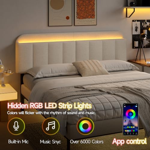 ONBRILL King Headboard Only with LED Light, Upholstered Storage Headboards