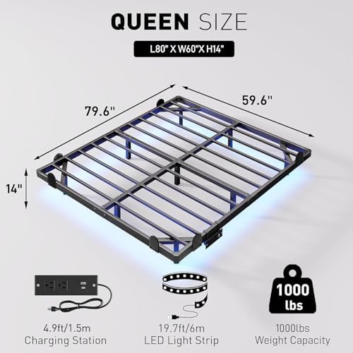 qimamo Floating Queen Bed Frame, 14 Inch Metal Platform Bed with Smart LED Lights & Charging Station, Easy Assembly, No Box Spring Needed