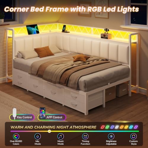 Twin Corner Bed Frame with 6 Storage Drawers, Charging Station & Led Lights