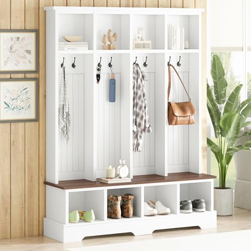 Merax Farmhouse Hall Tree with Bench and Shoe Storage, 59" Entryway Bench with Coat Rack, 8 Hooks and Top Compartments, 3-in-1 Entryway Hall Tree for Hallway, Living Room, White