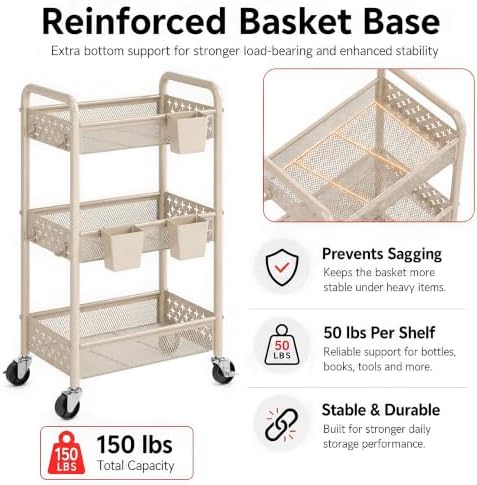 3 Tier Metal Rolling Cart, Beige Utility Storage Carts with Lockable Wheels, Three Tier Craft Cart Organizer for Baby Essentials, Diaper Caddy, Cleaning Supplies, Art Supply, Lash, Laundry Room, Book