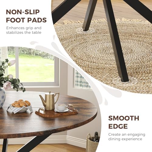 Unovivy 47 Inch Round Dining Table for 4,Space Saving Circle Dining Table with Pedestal Metal Frame,Farmhouse Wood Round Kitchen Table for Living & Dining Room,Rustic Brown