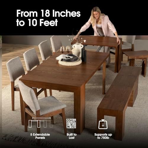 Transformer Table - Solid Wood Extendable Dining Table with Bench and 4 Stackable Chairs, Seats 2-12, Expandable Table, Space-Saving Furniture, Brown (Table + Bench + 4 Chairs)