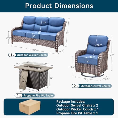 Luxury Patio Furniture Set with Fire Pit Table-4 Pieces High Back Wicker Swivel Rocker Chairs with 6" Extra Thick Cushions, Outdoor Patio Conversation Sets for Garden Deck(Brown/Blue)