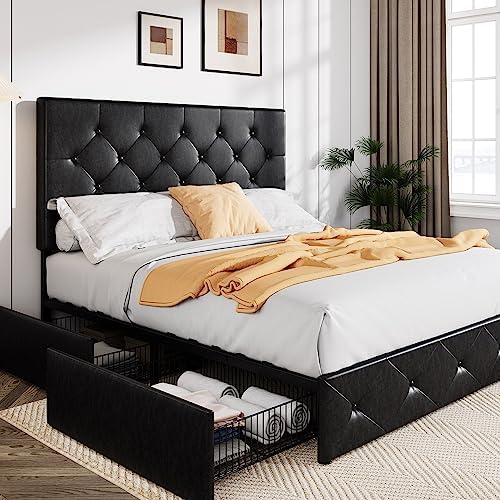 Allewie Full Size Storage Bed Frame with 4 Underbed Drawers, Upholstered Platform Bed with Adjustable Headboard, Diamond Button Tufted, Easy Assembly, Noise-Free, No Box Spring Needed, Black