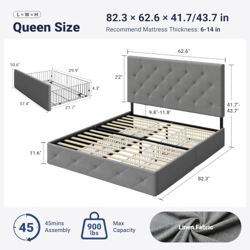Allewie Queen Size Storage Bed Frame with 4 Underbed Drawers, Upholstered Platform Bed with Adjustable Headboard, Diamond Button Tufted, Easy Assembly, Noise-Free, No Box Spring Needed, Light Grey