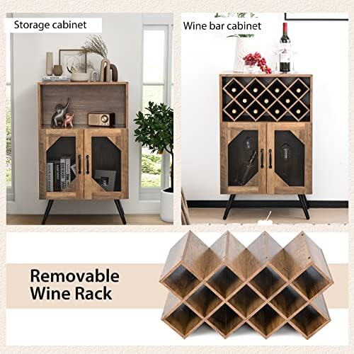 GIANTEX Farmhouse Wine Bar Cabinet with 11 Bottle Rack, Brown & Black