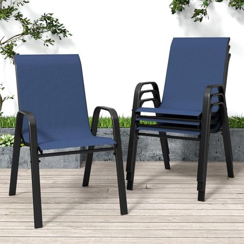 Navy Patio Chairs Set of 4, Stackable Outdoor Dining Chairs for All Weather Textilene Fabric & Metal Frame, Outdoor Chairs Set for Backyard Deck Garden (Dark Blue, Set of 4)