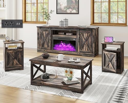 AMERLIFE Living Room Furniture Set, 63" Dark Oak TV Stand with Fireplace