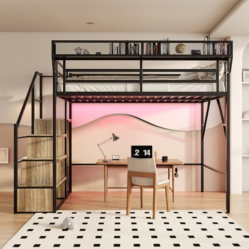 Queen Size Metal Loft Bed with Reversible Stairs and LED & USB Port