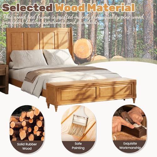 Queen Bed Frame with 53" Tall Headboard and Storage Bench, Solid Wood Queen Size Platform Bed with 64" Footboard Storage Chest,Heavy Duty Slats System,No Box Spring Needed, Natural