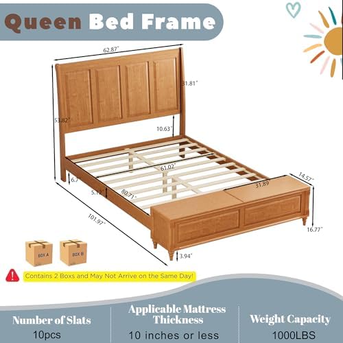 Queen Bed Frame with 53" Tall Headboard and Storage Bench, Solid Wood Queen Size Platform Bed with 64" Footboard Storage Chest,Heavy Duty Slats System,No Box Spring Needed, Natural