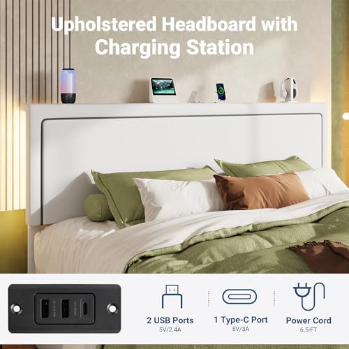 Allewie King Lift Up Storage Bed Frame with Charging Station, White