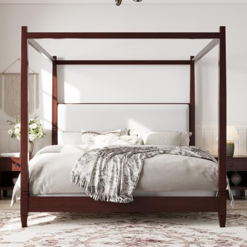 King Size Wood Canopy Bed Frame, Espresso Vintage Four-Posters Platform Bed