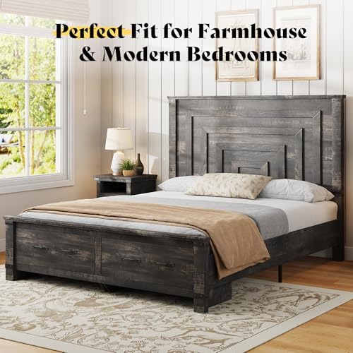 AMERLIFE 5 Pieces Farmhouse Bedroom Set, Includes Rustic Queen Bed Frame with 54" Tall Headboard, 6 Drawer Dresser, 5 Drawer Tall Chest, Nightstands Set of 2 with Charging Station, Black Oak