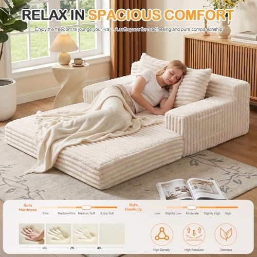 Erament Boneless Loveseat Convertible Sofa Bed, Folding Floor Futon Sleeper Sofa Couch Bed- Boneless Foldable Couch, Corduroy Pull Out Sofa Bed with 2 Pillows for Living Room & Bedroom
