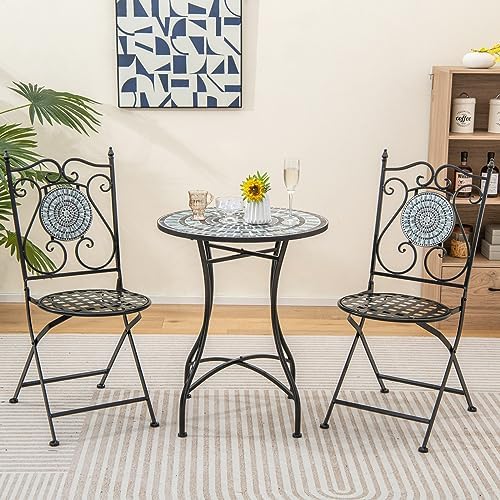 GIANTEX 24 Inch Patio Bistro Table, Mosaic Round Table w/Ceramic Tile Tabletop, Heavy-Duty Metal Structure, Outdoor Dining Table for Backyard, Garden, Porch (Blue & Black (Sun Pattern))