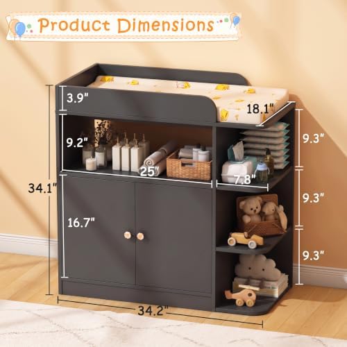 Wanan Changing Table Dresser with Large Cabinet for Nursery, Wood, Black