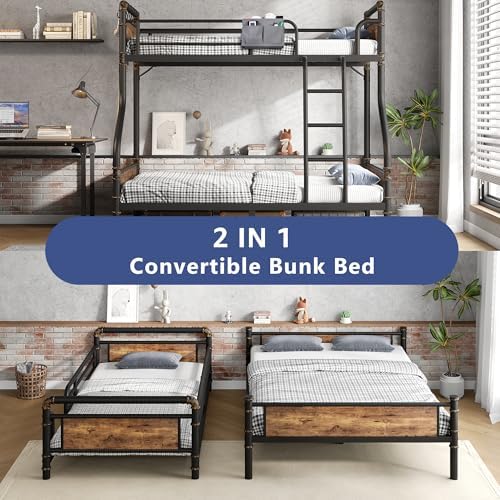 Jocoevol Metal Bunk Bed Twin Over Full, Industrial Bunkbeds Heavy Duty Bed with Safety Guard Rails and Space-Saving Design, Steel Bed for School, Bedroom (Vintage Brown)