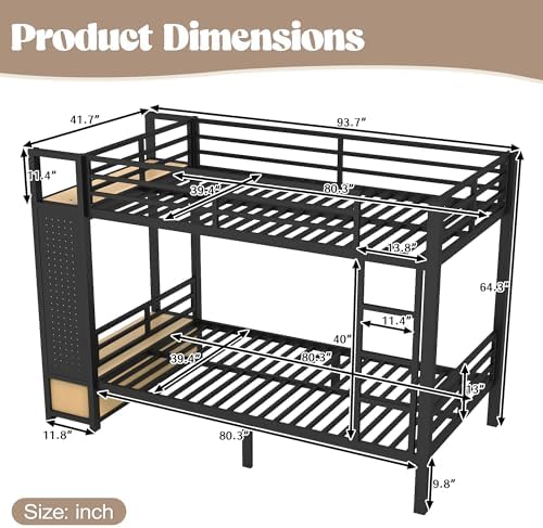Bellemave Twin XL Over Twin XL Size Metal Bunk Bed with Storage Shelves and Drawers, Heavy Duty Bunk Beds with Clothes Hooks for Adults, Teens, Kids, Black