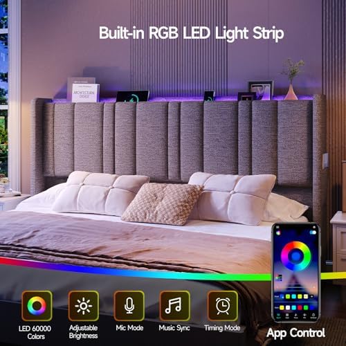 ONBRILL King Size Headboard with Storage, LED Light, Grey