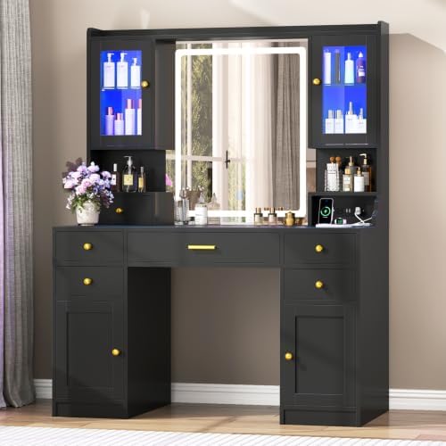 CSZZD Makeup Vanity Desk with Mirror and Lights, Black Vanity Table Set with Charging Station, Dressing Table with RGB Cabinets, Makeup Vanity Mirror with Light Desk and Drawers, 3 LED Light Modes
