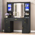 CSZZD Makeup Vanity Desk with Mirror and Lights, Black Vanity Table Set with Charging Station, Dressing Table with RGB Cabinets, Makeup Vanity Mirror with Light Desk and Drawers, 3 LED Light Modes