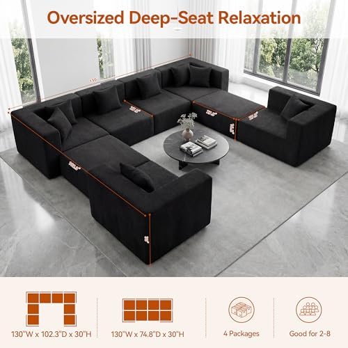 MONVANE Oversized U-Shaped 8 Seat Modular Sectional Sofa, Jet Black