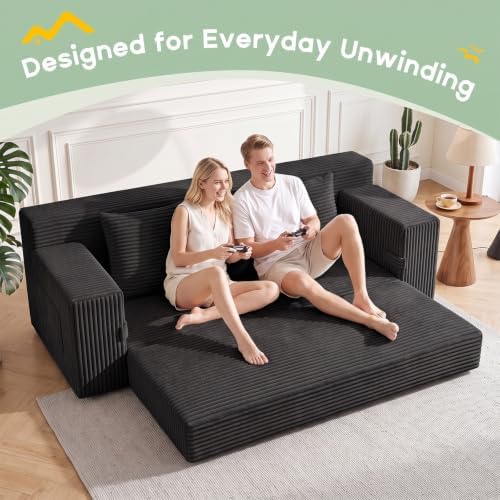 Boneless Couch for Living Room, 3 Seater Convertible Sofa Bed in Box, Black