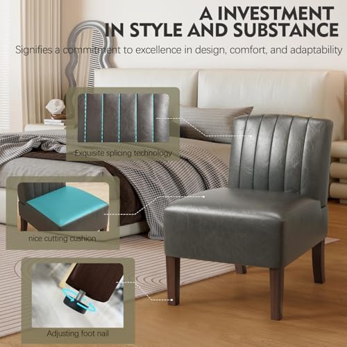 Armless Accent Chairs Upholstered Dining Chairs Living Room Chairs with Solid Wood Legs Leather Reading Chair for Adults Comfy Chair for Bedroom Vanity Kitchen (Grey)