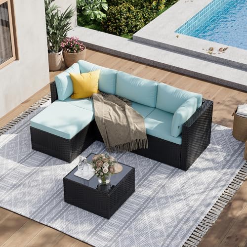 Aoxun Patio Furniture Set 5-Piece, Outdoor Sectional Sofas with Washable Cushion, Wicker Rattan Patio Conversation Sets for Backyard Porch and Poolside, Mint Blue
