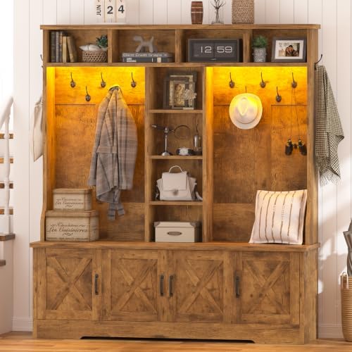 CSZZD Large Hall Tree with Bench and Shoe Storage, Coat Rack with LED Light